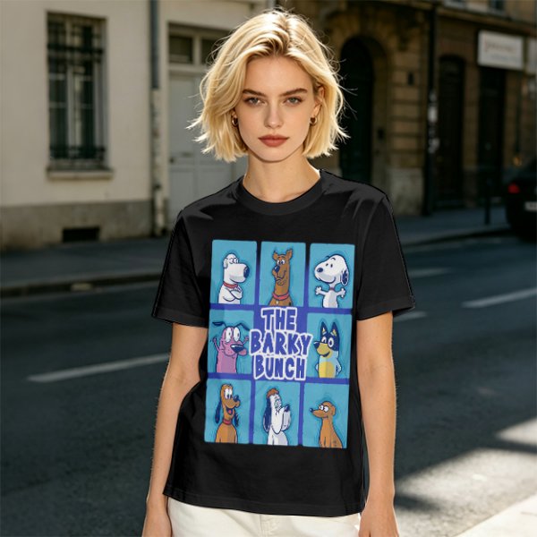 Olive green t-shirt with The Barky Bunch cartoon dog graphic
