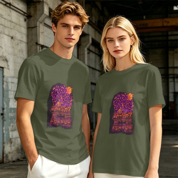 Olive T-Shirt with Purple Sunset Boat Scene Graphic