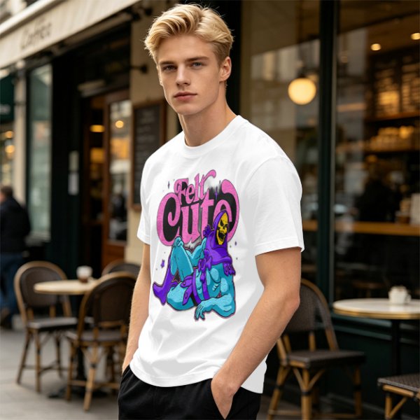 Olive t-shirt with 'Felt Cute' Skeletor graphic print