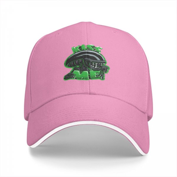 Black baseball cap with alien graphic and 'Kiss Me' text