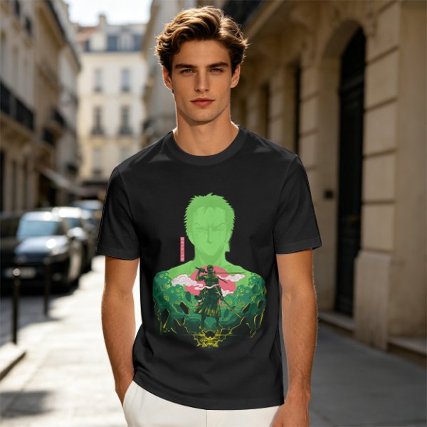 Olive Anime T-Shirt With Samurai Warrior Silhouette Art