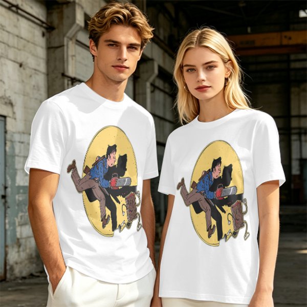 Olive T-shirt with Cartoon Chainsaw Action Character Print