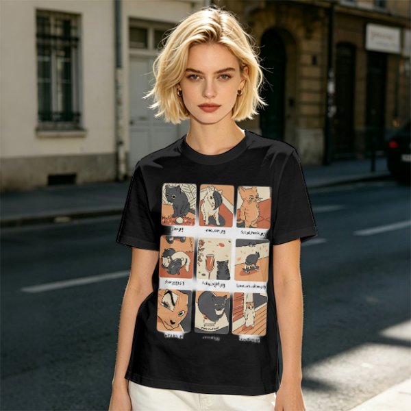 Olive T-Shirt with 9 Grid Cute Cat Illustrations Print