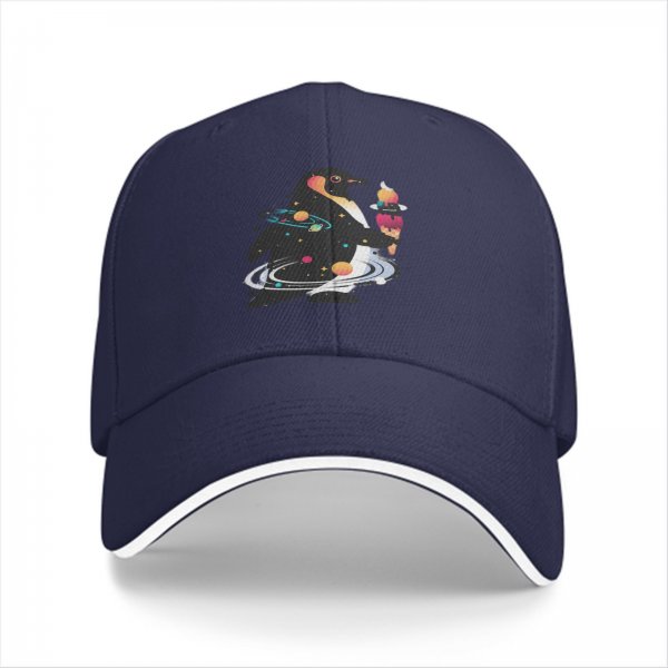 Black Baseball Cap With Cosmic Penguin Holding Ice Cream Print