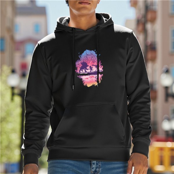 Black hoodie with colorful fantasy creature and traveler silhouette print
