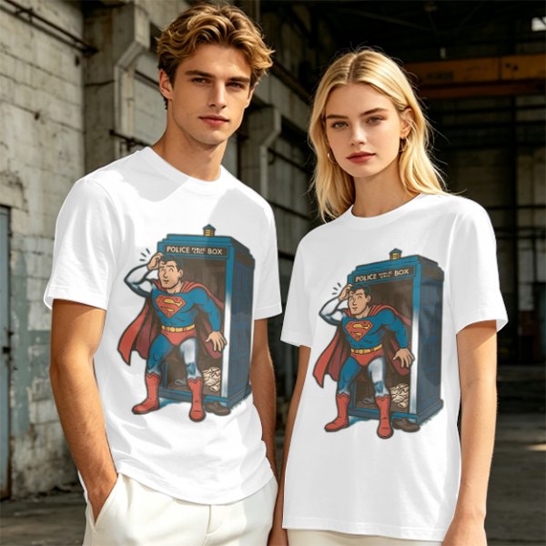 Olive T-shirt with Superman emerging from TARDIS police box graphic