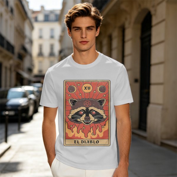 Olive T-Shirt With Raccoon El Diablo Tarot Card Print