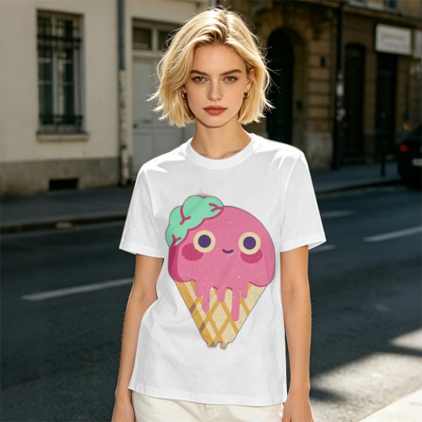 Olive T-Shirt With Cute Melting Pink Ice Cream Cone Graphic