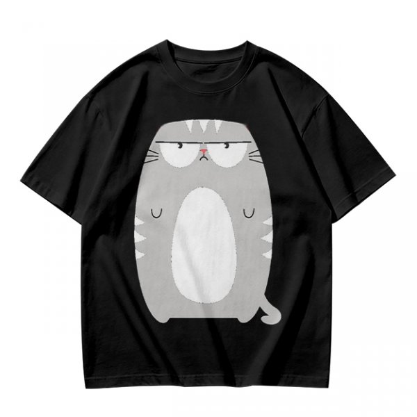 Olive Green T-Shirt With Grumpy Chubby Gray Cat Graphic