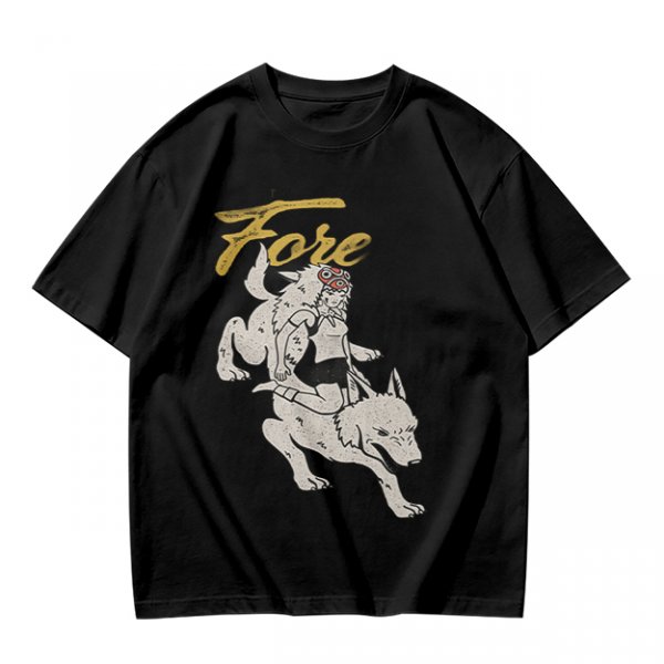 Olive graphic t-shirt with wolf rider and 'Fore' text print