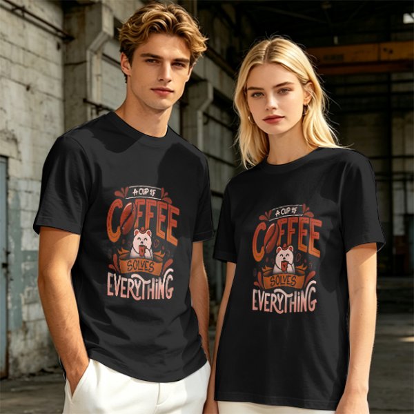 Olive t-shirt with coffee bear graphic that says a cup of coffee solves everything