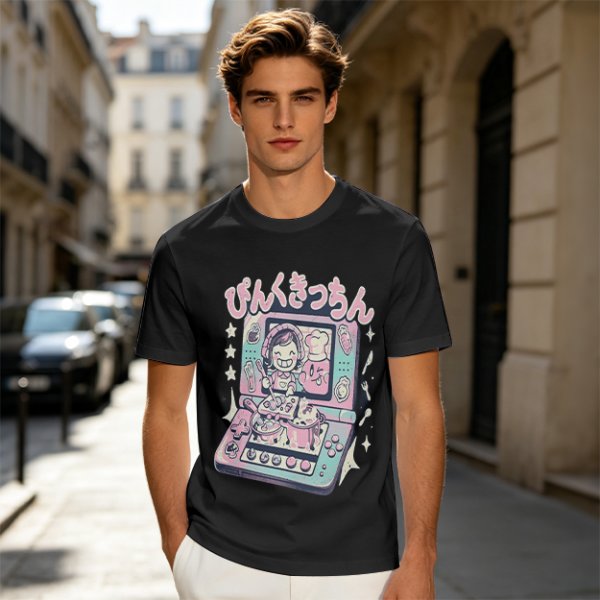 Olive green graphic t-shirt with cute handheld game kitchen art