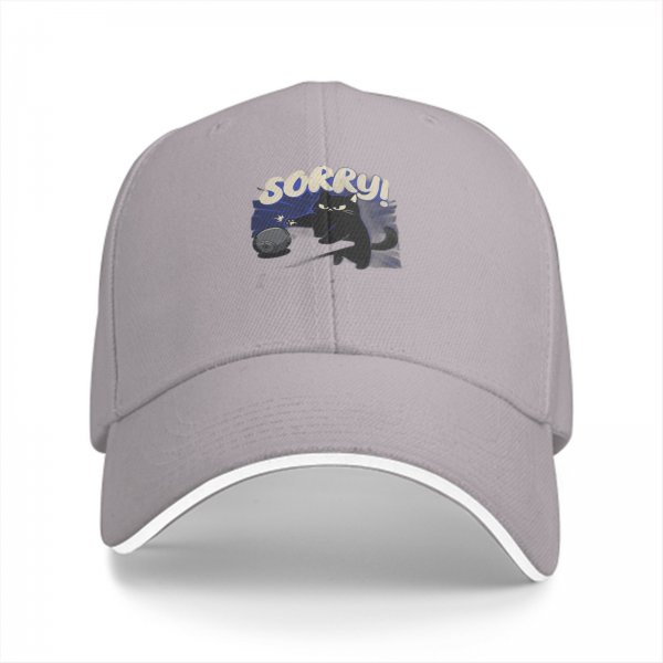 Black baseball cap with angry black cat graphic and 'SORRY!' text
