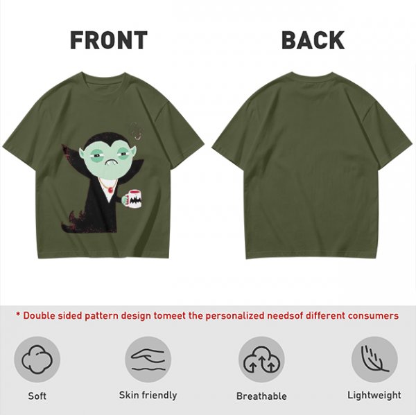 Olive T-Shirt With Tired Vampire Holding Bat Mug Graphic