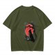 Olive T-Shirt with Black Cat and Red Moon Gothic Art Print