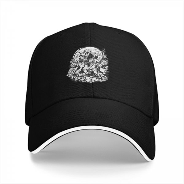 Black Baseball Cap With Japanese Oni Mask Floral Art Print