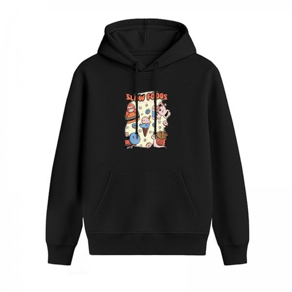 Black hoodie with 'Slow Foods' cute fast food animal graphic