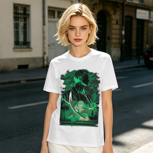 Olive Green Anime T-Shirt With Swordsman Character Artwork