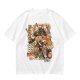 Olive green anime graphic t-shirt with monster and city scene