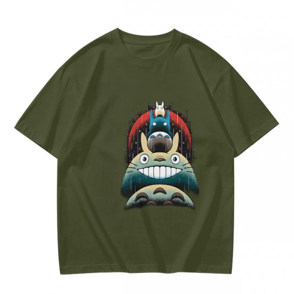 Olive green t-shirt with stacked Totoro characters graphic