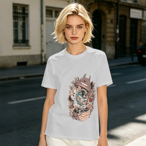 Olive Green T-Shirt with Studio Ghibli Character Collage Print