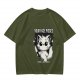 Olive graphic t-shirt with angry cartoon cat holding knife