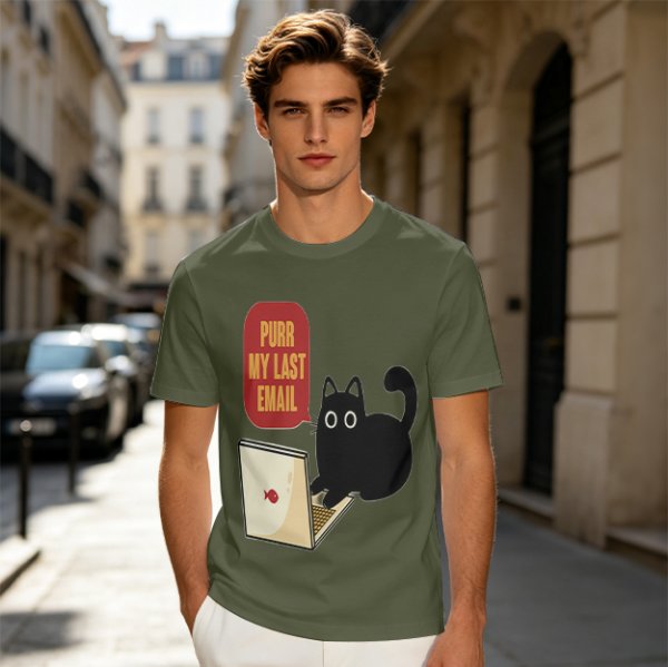 Black cat typing on laptop with 'Purr My Last Email' graphic t-shirt
