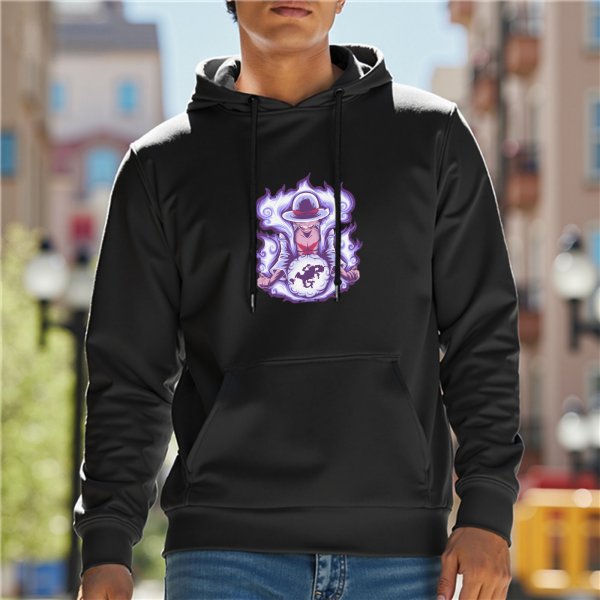 Black hoodie with anime character holding glowing orb surrounded by purple aura