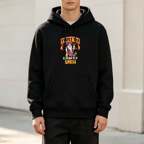 Black hoodie with wizard graphic and 'Trust Me I Read The Spell' text