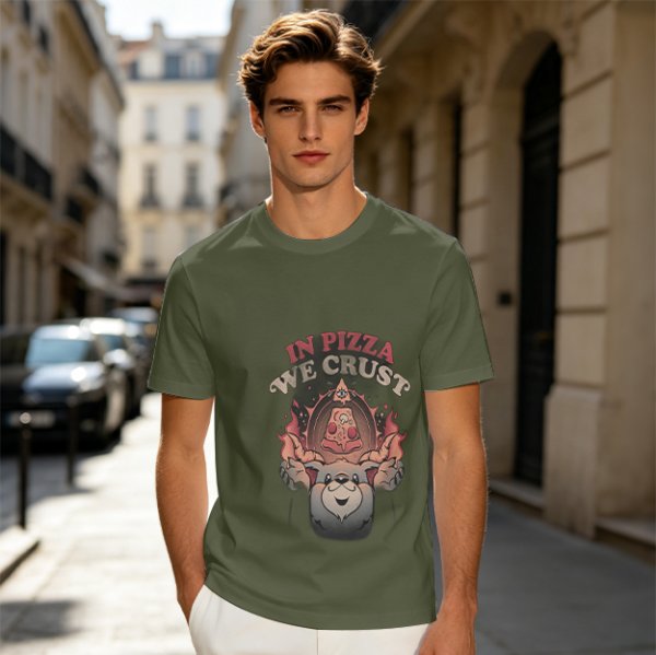 Olive T-Shirt With 'In Pizza We Crust' Pizza Dog Graphic