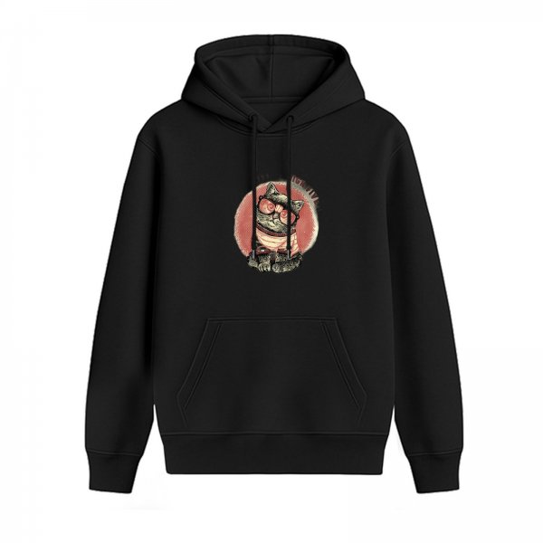 Black Hoodie With Cute Hipster Cat Graphic Print