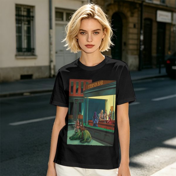 Olive T-Shirt With Surreal Bar Scene Graphic Print