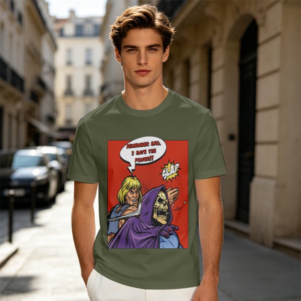 Olive T-shirt with He-Man slapping Skeletor comic print
