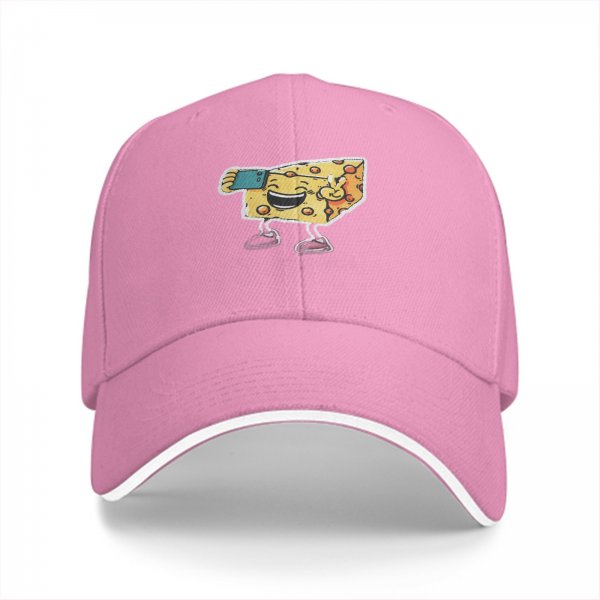 Black Baseball Cap With Cartoon Cheese Taking Selfie Peace Sign