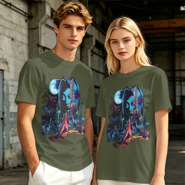 Olive T-shirt with fantasy warrior and moon graphic print