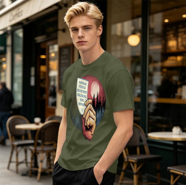 Olive T-Shirt With Hand Holding Bill Of Monthly Expenses Art