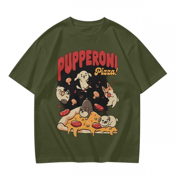 Olive green graphic t-shirt with playful pupperoni pizza dog design