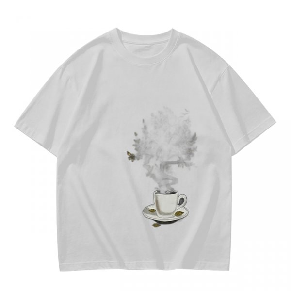 Olive Green T-Shirt with Steaming Coffee Cup Print