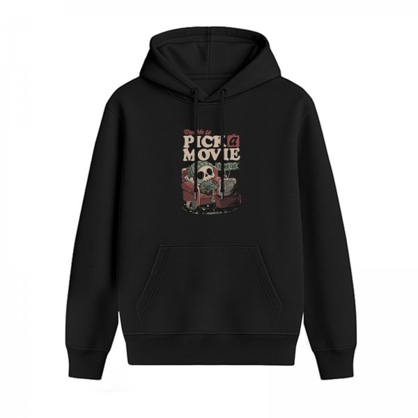 Black hoodie with skull watching movie graphic design