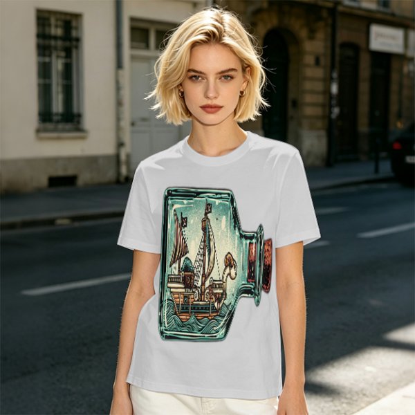 Olive T-Shirt With Pirate Ship In Glass Jar Artwork