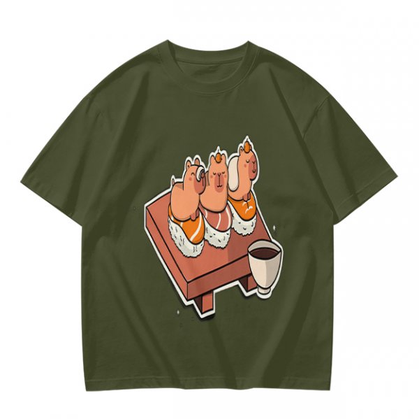 Olive green t-shirt with capybara sushi print design