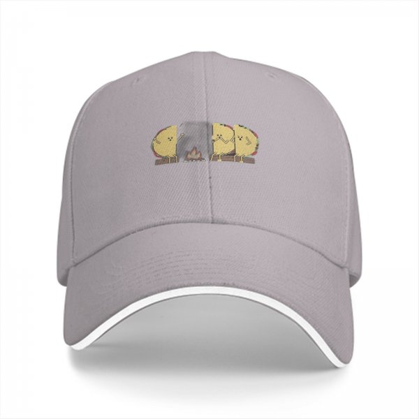 Black baseball cap with cartoon tacos gathered around a campfire graphic