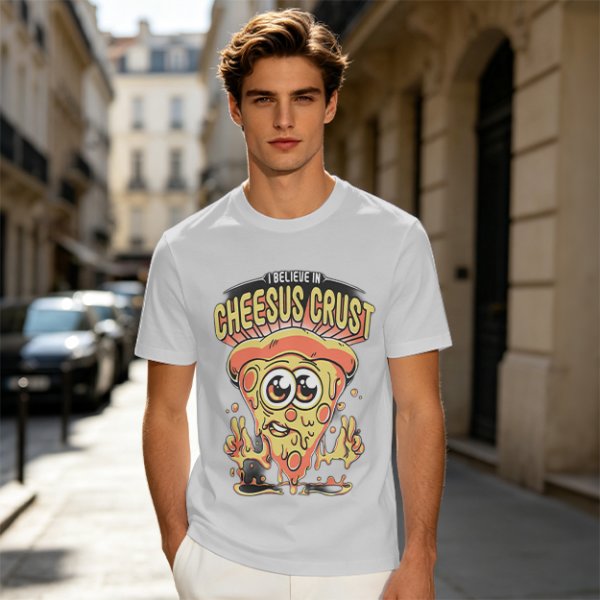 Olive t-shirt with 'I Believe In Cheesus Crust' pizza graphic