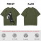 Olive Green T-Shirt With Cartoon Crow Holding Coffee Mug Print