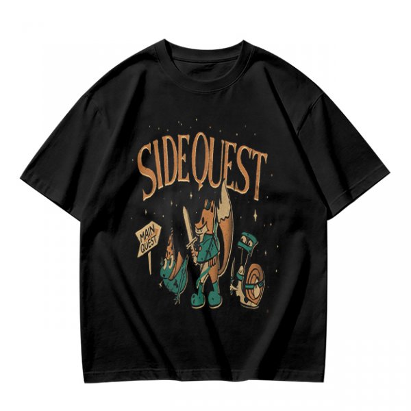 Olive t-shirt with Side Quest fantasy adventure graphic print