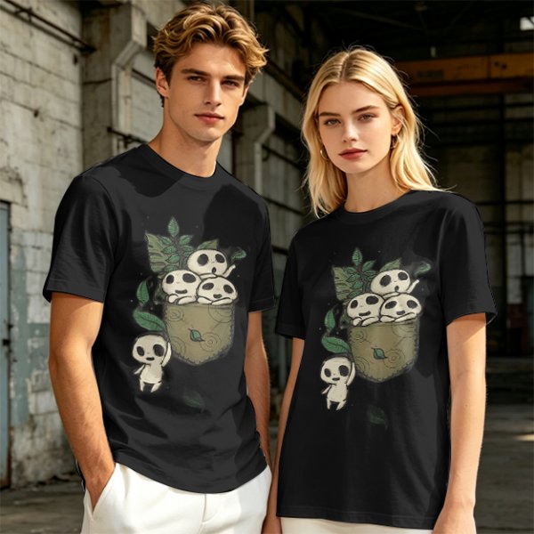 Olive T-shirt with Kodama Tree Spirits in Pocket and Leaves Print