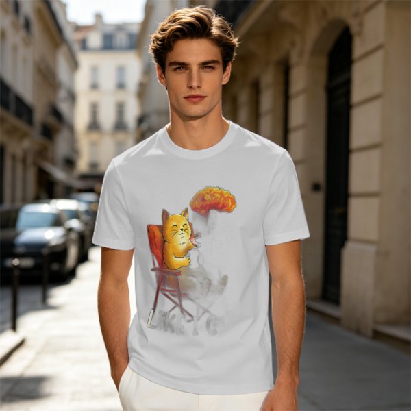 Olive T-Shirt Featuring a Relaxed Cat on a Chair with Fried Chicken Print