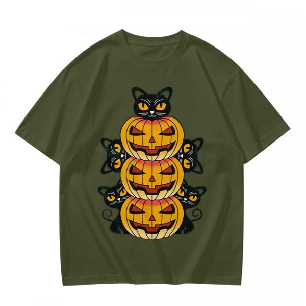 Olive Halloween T-Shirt with Stacked Jack-o'-Lanterns and Black Cats