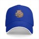 Black baseball cap with orange cat hugging skull and crescent moon print