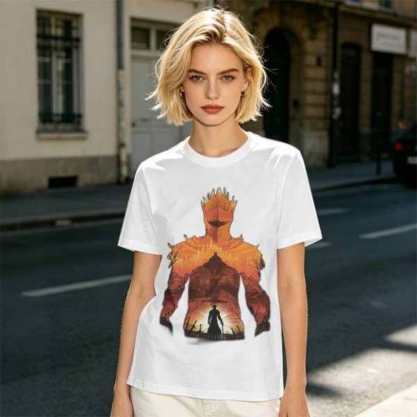 Olive T-Shirt With Giant Fire Warrior Silhouette And Small Knight Print